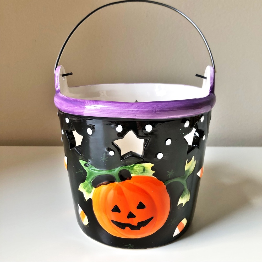 Ceramic Halloween Bucket Candle or Candy Holder Handle Open Stars Hand Painted